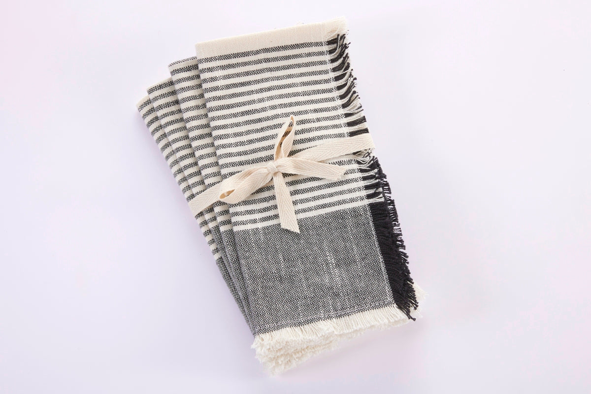 Cuisine Stripe Dinner Napkins - Set Of 4- 100% Cotton - Black